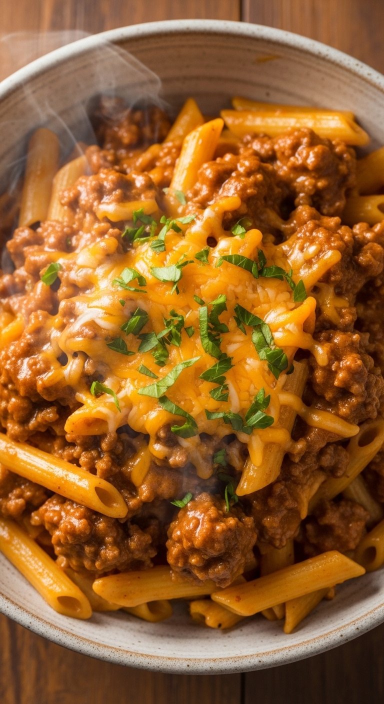 A rustic ceramic bowl filled with creamy hamburger pasta topped with melted cheddar cheese and fresh parsley, photographed overhead in warm kitchen light, representing the ultimate collection of delicious hamburger pasta recipes perfect for weeknight comfort food dinners.