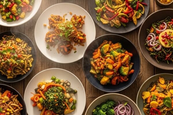 A vibrant overhead flat lay of fourteen colorful veggie dishes arranged together on a rustic wooden table including roasted cauliflower steaks, lentil curry, stuffed bell peppers, and chocolate black bean brownies, photographed in warm golden light, representing the ultimate collection of veggie dishes so delicious you will forget meat ever existed.