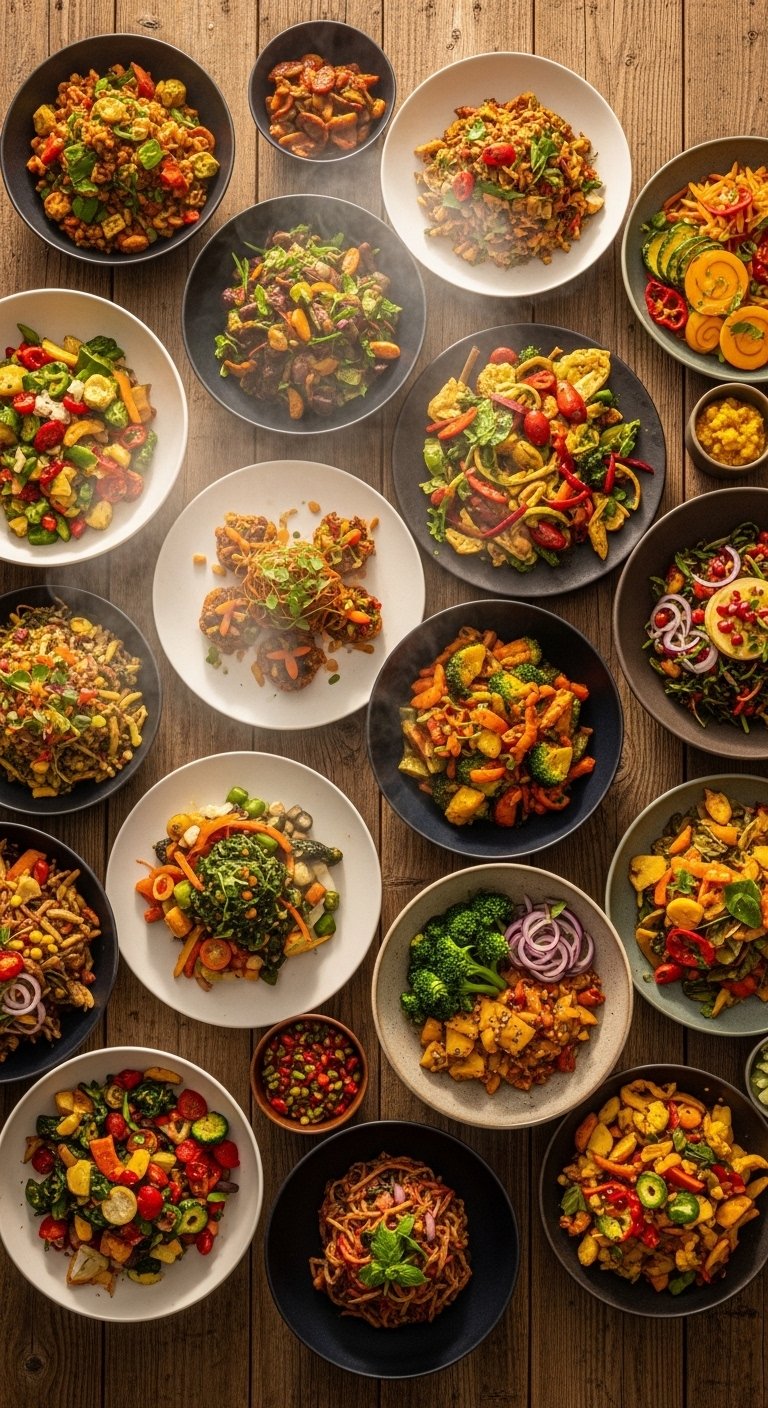 A vibrant overhead flat lay of fourteen colorful veggie dishes arranged together on a rustic wooden table including roasted cauliflower steaks, lentil curry, stuffed bell peppers, and chocolate black bean brownies, photographed in warm golden light, representing the ultimate collection of veggie dishes so delicious you will forget meat ever existed.