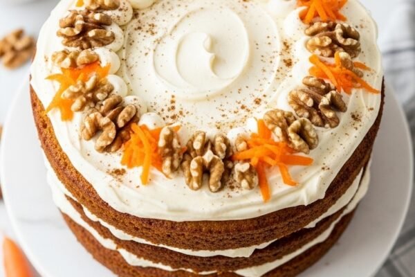 A perfect carrot cake recipe with golden brown layers stacked with thick cream cheese frosting decorated with crushed walnuts shredded carrots and cinnamon on a white cake stand on a white marble surface surrounded by fresh carrots and baking ingredients in bright natural light