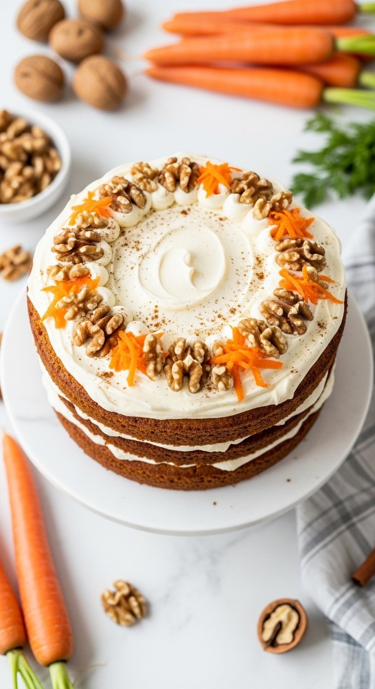 A perfect carrot cake recipe with golden brown layers stacked with thick cream cheese frosting decorated with crushed walnuts shredded carrots and cinnamon on a white cake stand on a white marble surface surrounded by fresh carrots and baking ingredients in bright natural light