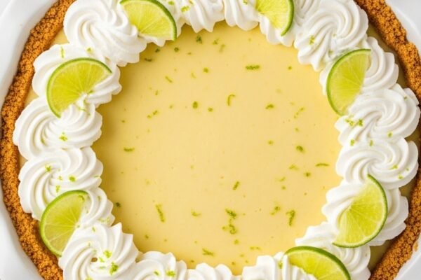 A perfect easy key lime pie recipe with golden graham cracker crust and vibrant yellow green creamy filling topped with whipped cream fresh key lime slices and zest on a white ceramic pie dish on a white marble surface surrounded by fresh key limes and graham crackers in bright natural light.