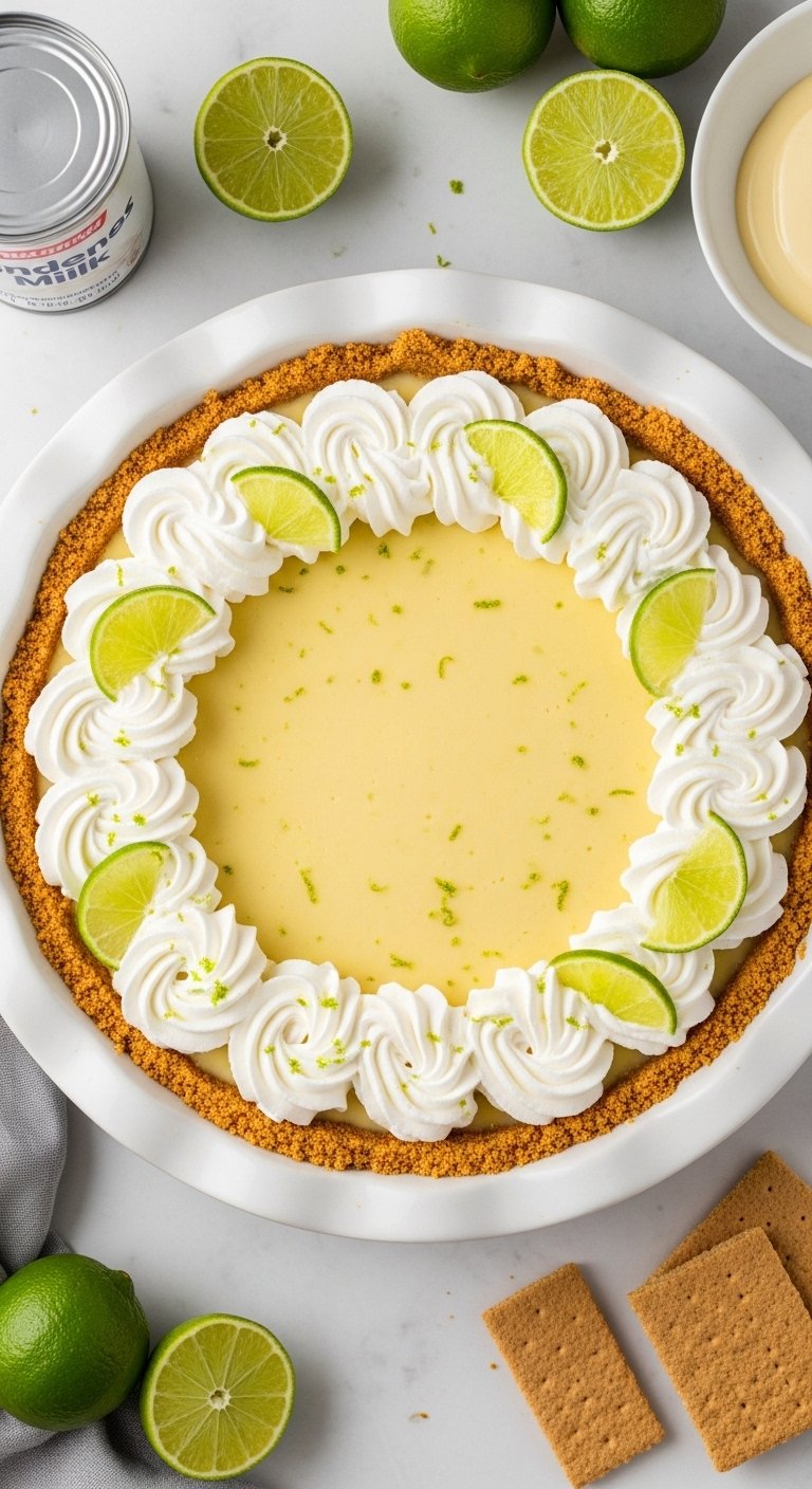 A perfect easy key lime pie recipe with golden graham cracker crust and vibrant yellow green creamy filling topped with whipped cream fresh key lime slices and zest on a white ceramic pie dish on a white marble surface surrounded by fresh key limes and graham crackers in bright natural light.