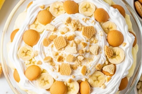 A perfect banana pudding recipe in a large glass trifle dish with visible creamy vanilla pudding layers fresh banana slices and golden vanilla wafer cookies topped with thick whipped cream and crushed wafers on a white marble surface surrounded by fresh bananas in bright natural light.