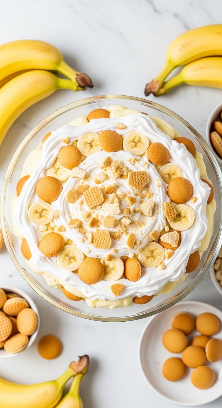 A perfect banana pudding recipe in a large glass trifle dish with visible creamy vanilla pudding layers fresh banana slices and golden vanilla wafer cookies topped with thick whipped cream and crushed wafers on a white marble surface surrounded by fresh bananas in bright natural light.