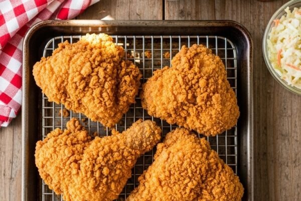 Perfect southern fried chicken pieces with ultra crispy golden brown coating on a wire rack beside honey biscuits coleslaw and hot sauce on a rustic wooden table in bright natural light.