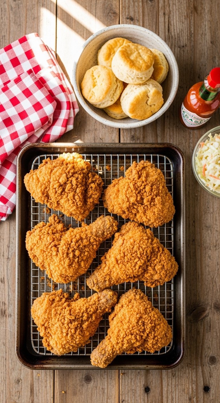 Perfect southern fried chicken pieces with ultra crispy golden brown coating on a wire rack beside honey biscuits coleslaw and hot sauce on a rustic wooden table in bright natural light.