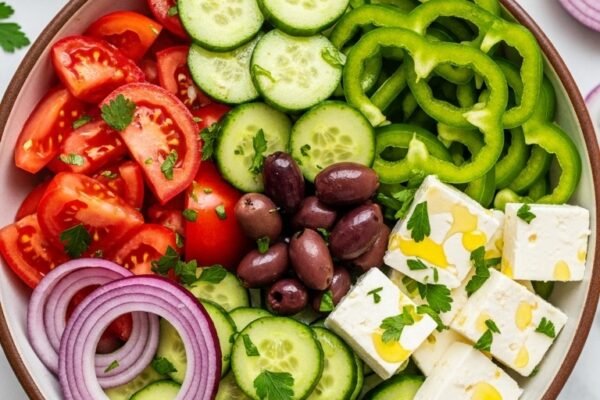 A perfect Mediterranean salad recipe in a large rustic ceramic bowl with chunky tomatoes cucumbers red onion green bell pepper kalamata olives thick feta cheese fresh parsley and golden olive oil drizzle on a white marble surface surrounded by fresh ingredients in bright natural light.