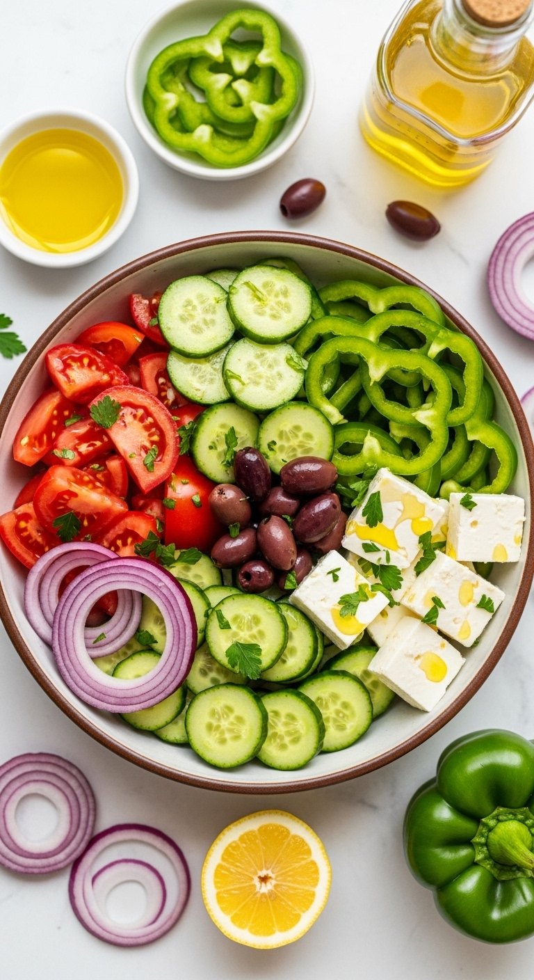 A perfect Mediterranean salad recipe in a large rustic ceramic bowl with chunky tomatoes cucumbers red onion green bell pepper kalamata olives thick feta cheese fresh parsley and golden olive oil drizzle on a white marble surface surrounded by fresh ingredients in bright natural light.