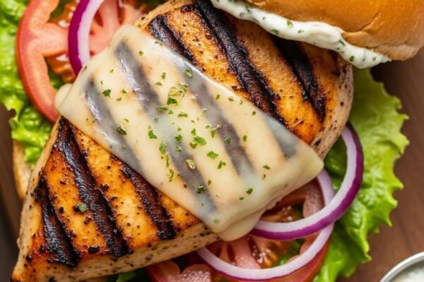 A perfect grilled chicken sandwich with juicy smoky char marked chicken breast crispy lettuce ripe tomato red onion melted cheese and garlic herb sauce in a toasted brioche bun on a rustic wooden board with fries beside it in bright natural light.