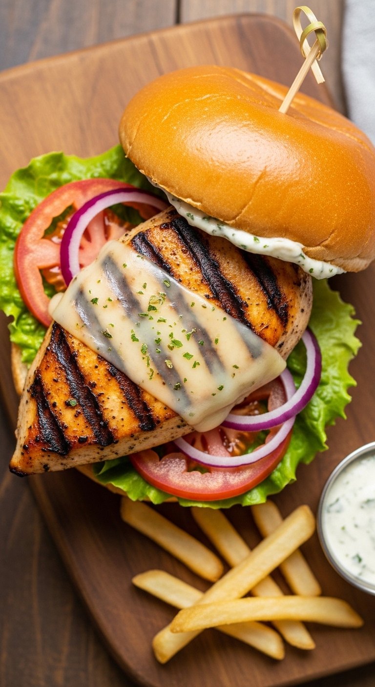A perfect grilled chicken sandwich with juicy smoky char marked chicken breast crispy lettuce ripe tomato red onion melted cheese and garlic herb sauce in a toasted brioche bun on a rustic wooden board with fries beside it in bright natural light.