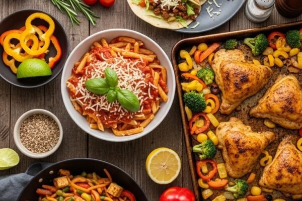 : A perfect easy dinner recipes spread on a rustic wooden table featuring quick weeknight meals including pasta bowl stir fry tacos sheet pan chicken and rice bowl with fresh herbs and colorful vegetables in bright natural light.