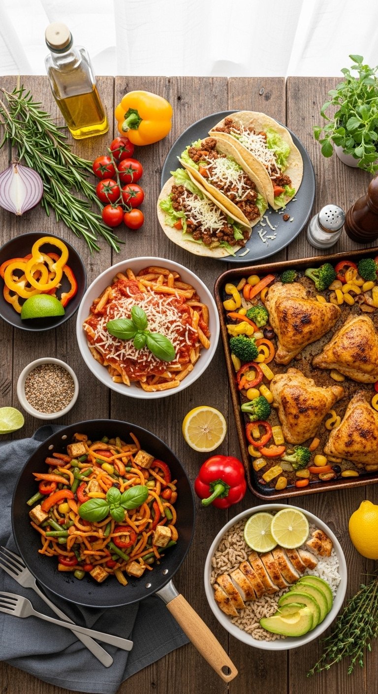 : A perfect easy dinner recipes spread on a rustic wooden table featuring quick weeknight meals including pasta bowl stir fry tacos sheet pan chicken and rice bowl with fresh herbs and colorful vegetables in bright natural light.