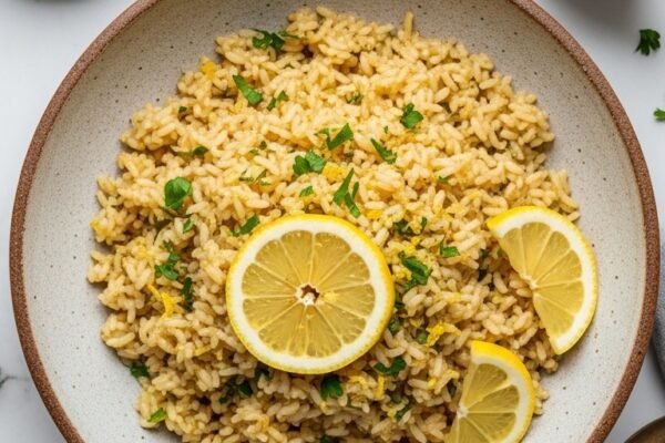 A perfect Greek lemon rice recipe in a wide rustic ceramic bowl with fluffy golden rice garnished with fresh parsley lemon zest olive oil drizzle and lemon slices on a white marble surface surrounded by fresh lemons garlic and herbs in bright natural light