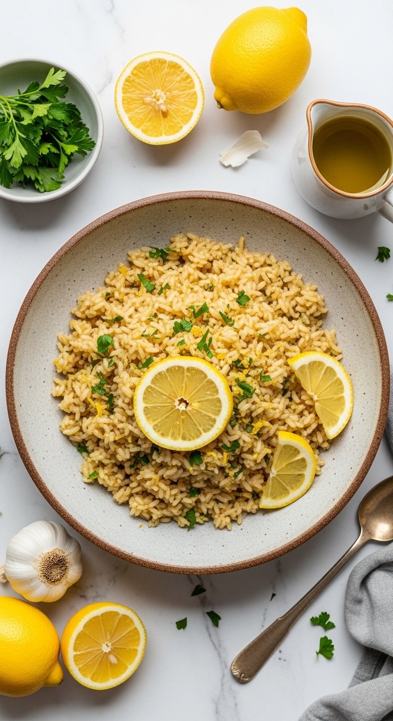 A perfect Greek lemon rice recipe in a wide rustic ceramic bowl with fluffy golden rice garnished with fresh parsley lemon zest olive oil drizzle and lemon slices on a white marble surface surrounded by fresh lemons garlic and herbs in bright natural light