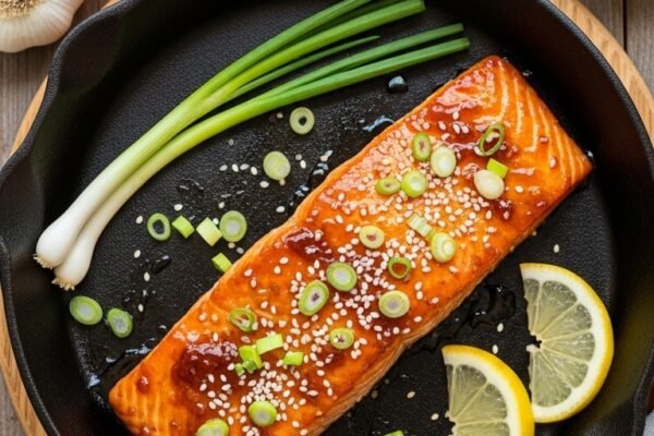 A perfect honey garlic glazed salmon fillet with sticky golden caramelized glaze garnished with sesame seeds sliced green onions and lemon wedges in a cast iron skillet on a rustic wooden surface surrounded by honey garlic and fresh herbs in bright natural light.