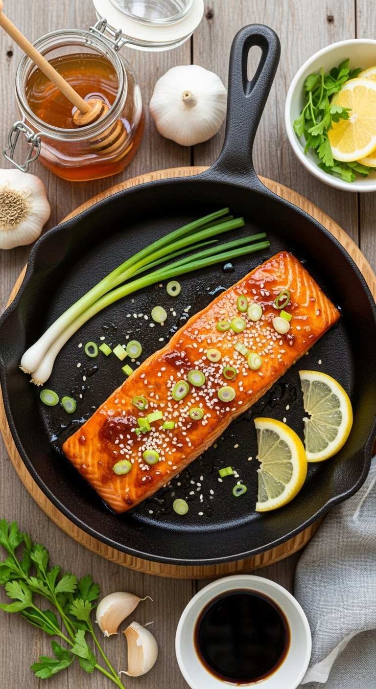 A perfect honey garlic glazed salmon fillet with sticky golden caramelized glaze garnished with sesame seeds sliced green onions and lemon wedges in a cast iron skillet on a rustic wooden surface surrounded by honey garlic and fresh herbs in bright natural light.