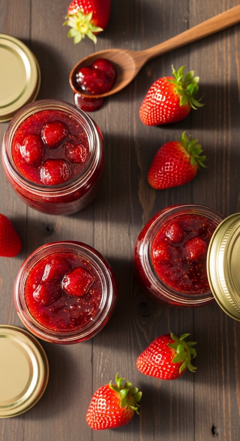 Three glass mason jars of vibrant homemade strawberry jam with golden lids surrounded by fresh strawberries and a rustic wooden spoon with jam dripping on a dark wooden table in warm natural light