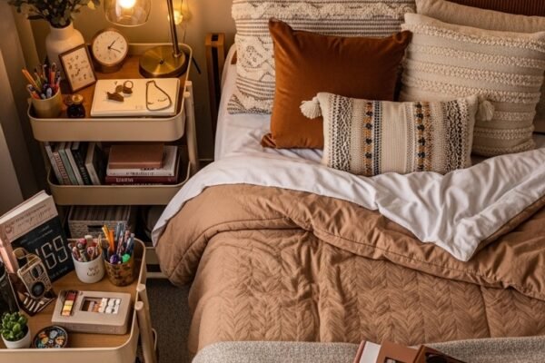Beautifully decorated college dorm room with layered cozy bedding, warm golden string lights along the wall, organized rolling cart beside the bed and boho tapestry in warm ambient lighting College bedroom ideas