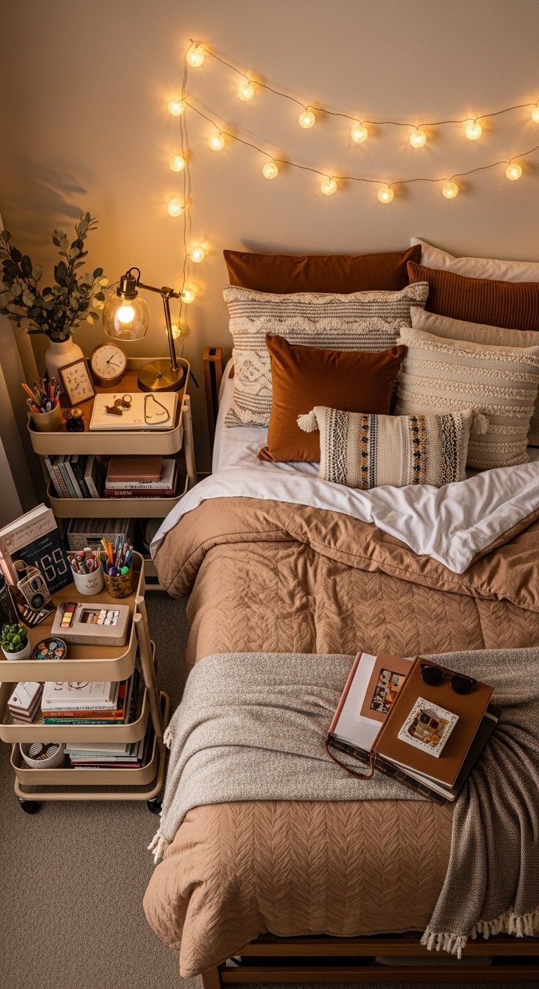 Beautifully decorated college dorm room with layered cozy bedding, warm golden string lights along the wall, organized rolling cart beside the bed and boho tapestry in warm ambient lighting College bedroom ideas