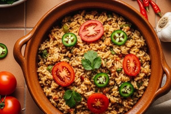 A beautifully plated bowl of homemade Spanish rice recipe garnished with fresh cilantro, lime wedges, and jalapeños, surrounded by traditional cooking ingredients on a rustic terracotta kitchen counter.