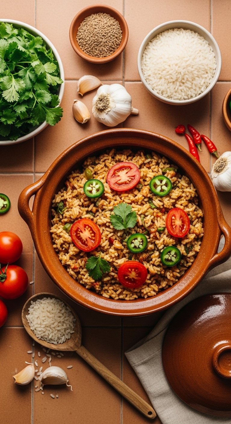 A beautifully plated bowl of homemade Spanish rice recipe garnished with fresh cilantro, lime wedges, and jalapeños, surrounded by traditional cooking ingredients on a rustic terracotta kitchen counter.