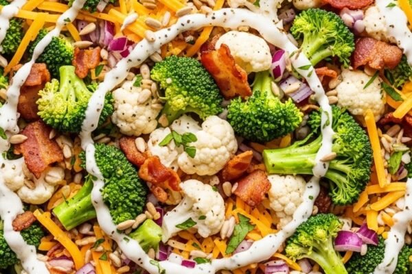 A large rustic bowl of homemade broccoli cauliflower salad recipe with crispy bacon, cheddar cheese, red onion, and creamy dressing on a wooden table with natural lighting
