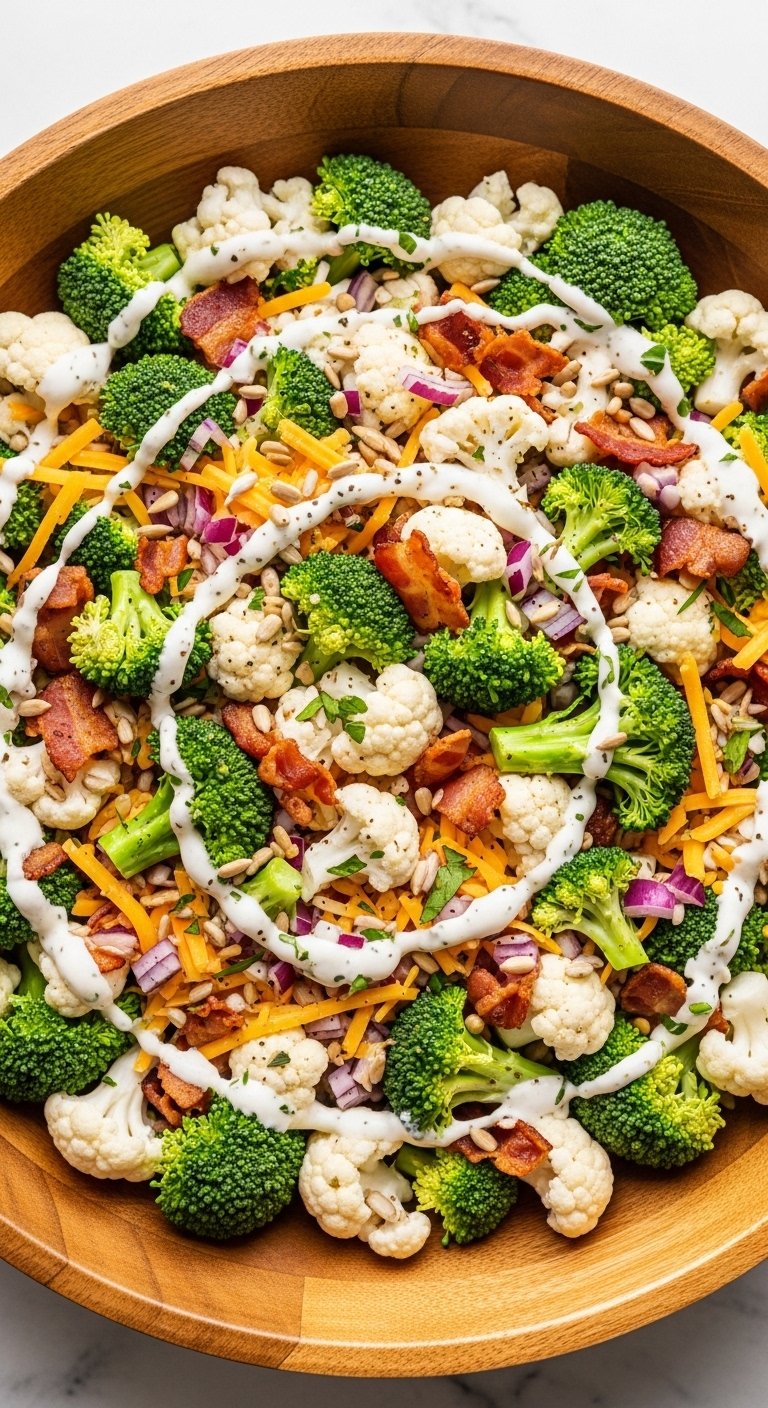 A large rustic bowl of homemade broccoli cauliflower salad recipe with crispy bacon, cheddar cheese, red onion, and creamy dressing on a wooden table with natural lighting