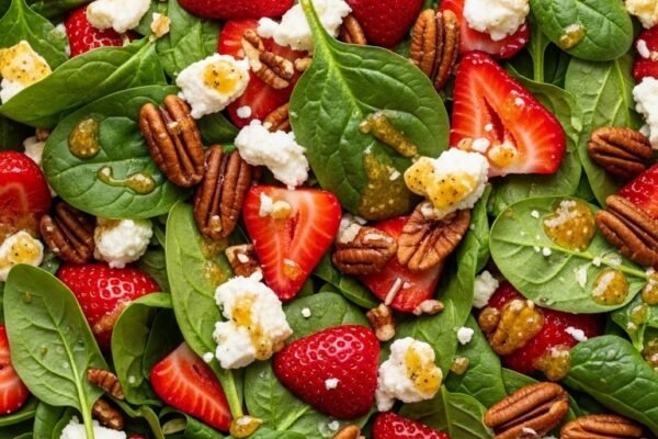 A vibrant overhead spinach strawberry salad in a rustic ceramic bowl loaded with fresh baby spinach, bright sliced strawberries, candied pecans, crumbled feta, and a golden balsamic dressing drizzle, the ultimate guide to this sweet savory dish that will change your meals forever