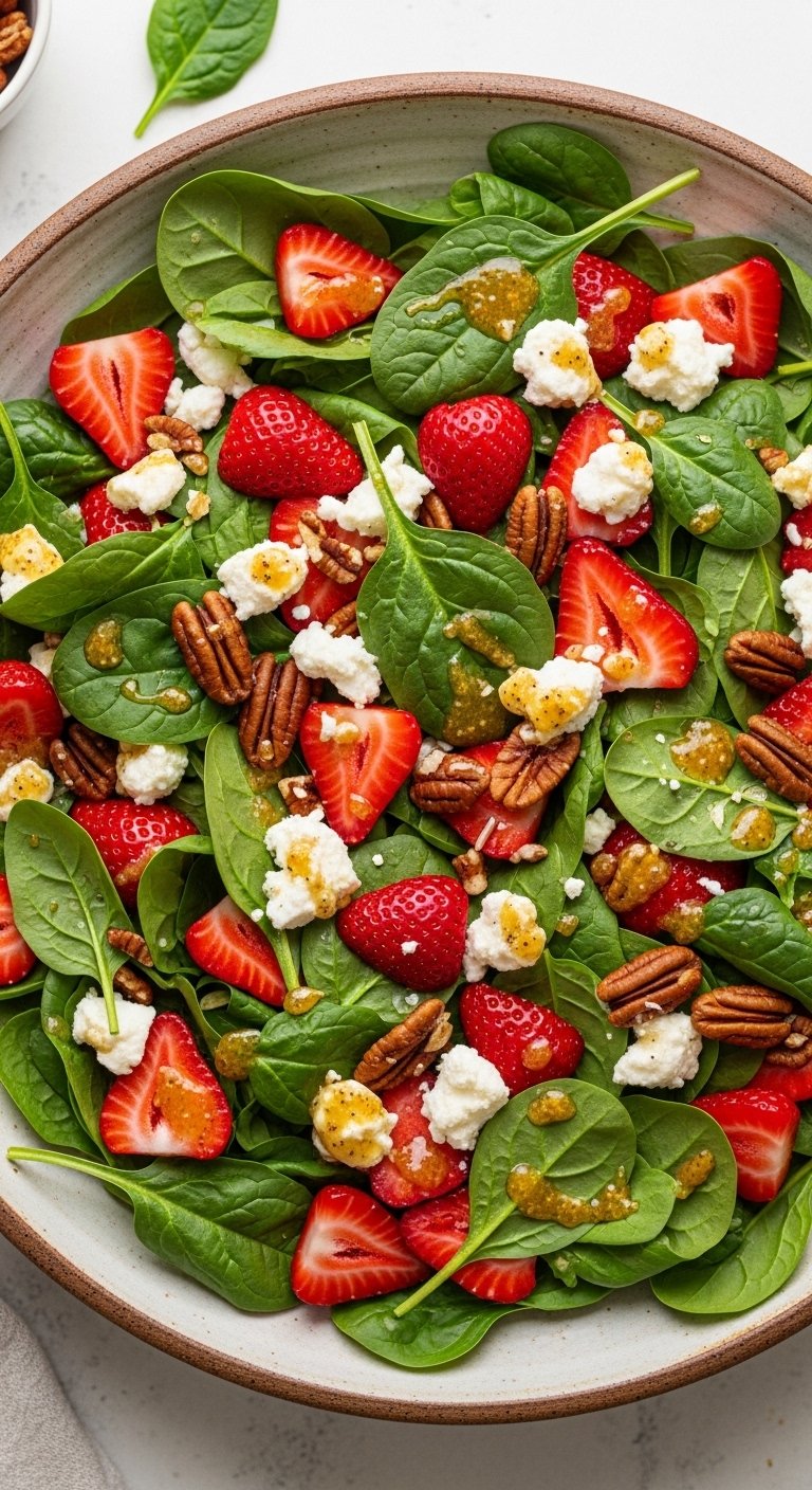 A vibrant overhead spinach strawberry salad in a rustic ceramic bowl loaded with fresh baby spinach, bright sliced strawberries, candied pecans, crumbled feta, and a golden balsamic dressing drizzle, the ultimate guide to this sweet savory dish that will change your meals forever