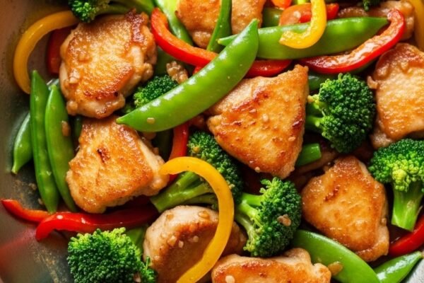 A perfectly cooked stir fry chicken recipe in a gleaming wok with golden seared chicken pieces, vibrant broccoli, colorful bell peppers, snap peas, and a glossy savory sauce, restaurant-quality stir fry chicken made right at home