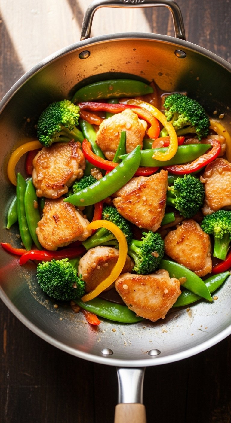 A perfectly cooked stir fry chicken recipe in a gleaming wok with golden seared chicken pieces, vibrant broccoli, colorful bell peppers, snap peas, and a glossy savory sauce, restaurant-quality stir fry chicken made right at home