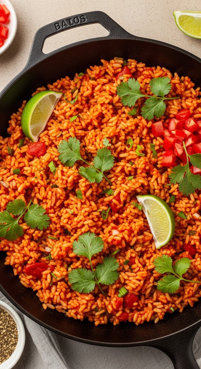 A perfectly cooked Spanish rice recipe in a rustic cast iron skillet with vibrant red-orange fluffy grains garnished with fresh cilantro and lime wedges, your ultimate guide to authentic flavorful homemade Spanish rice