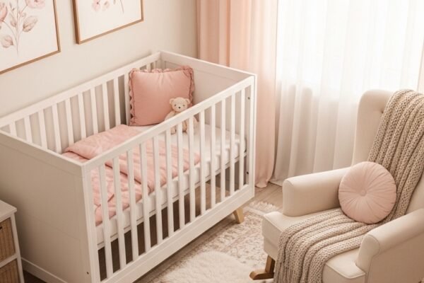 A beautifully designed baby girl nursery room featuring a white wooden crib with soft pink bedding, delicate floral wall art, a cream rocking chair, pastel rainbow decor, and warm soft natural light, your ultimate step-by-step guide to 14 magical baby girl nursery room ideas