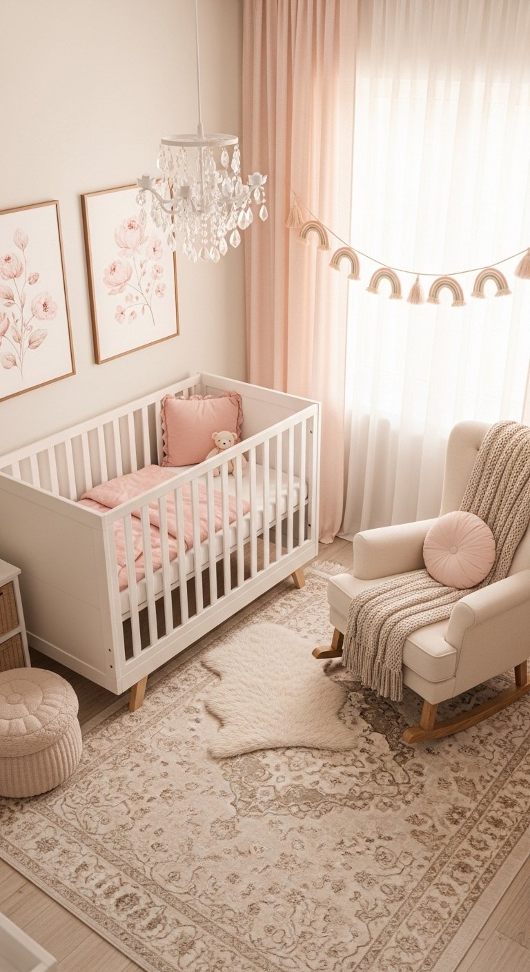 A beautifully designed baby girl nursery room featuring a white wooden crib with soft pink bedding, delicate floral wall art, a cream rocking chair, pastel rainbow decor, and warm soft natural light, your ultimate step-by-step guide to 14 magical baby girl nursery room ideas