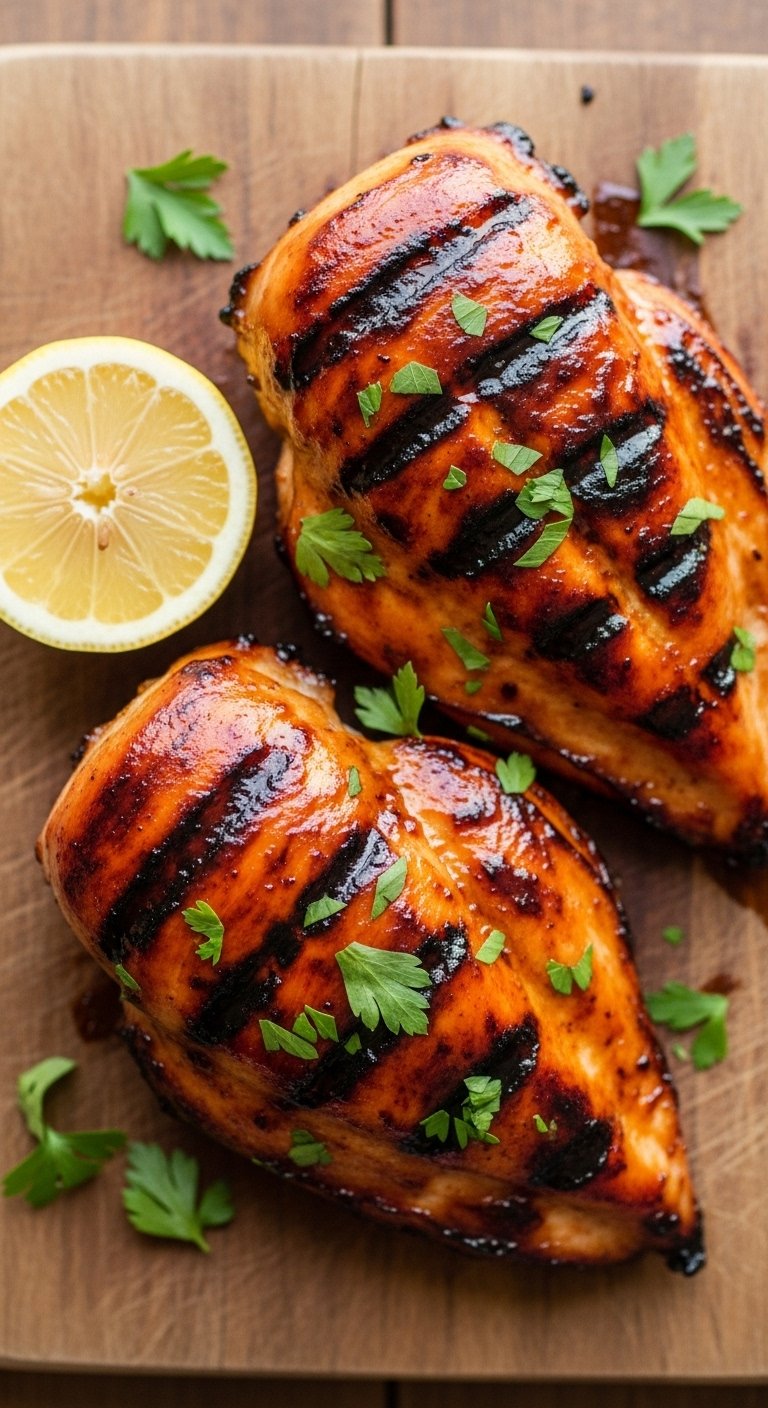 Perfectly baked BBQ chicken breasts on a rustic wooden cutting board glazed with glossy caramelized BBQ sauce and garnished with fresh parsley, the ultimate foolproof guide to juicy and flavorful baked BBQ chicken breast