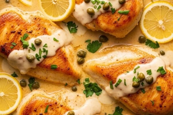 Perfectly cooked creamy lemon chicken breasts in a cast iron skillet nestled in a velvety lemon cream sauce garnished with fresh lemon slices capers and parsley, a restaurant-quality creamy lemon chicken dish you can master at home