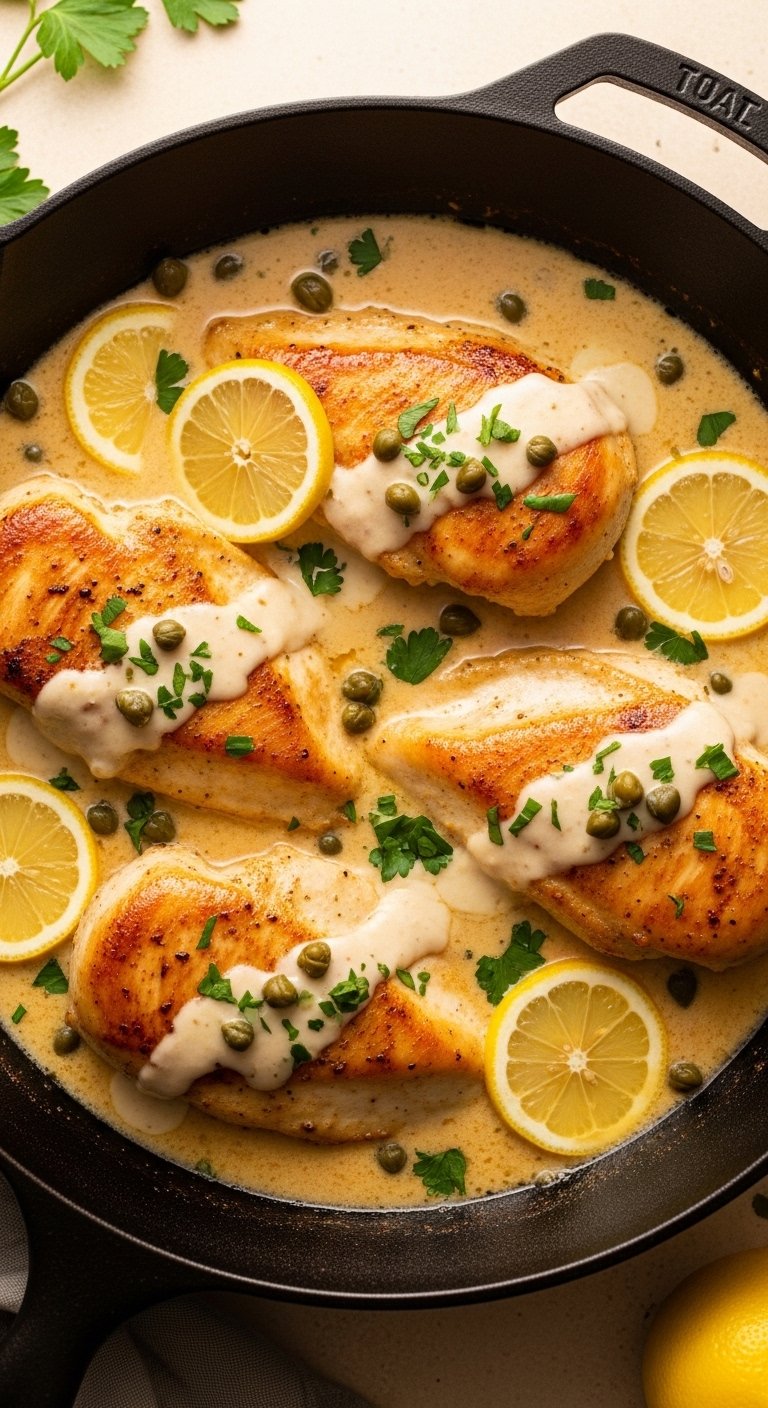Perfectly cooked creamy lemon chicken breasts in a cast iron skillet nestled in a velvety lemon cream sauce garnished with fresh lemon slices capers and parsley, a restaurant-quality creamy lemon chicken dish you can master at home