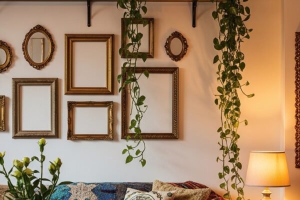 A beautifully transformed whimsical apartment living room featuring fairy lights draped across the ceiling, an eclectic gallery wall, lush trailing plants in unusual vessels, colorful layered textiles, and warm golden ambient lighting, your ultimate guide to turning a boring apartment box into a magical sanctuary
