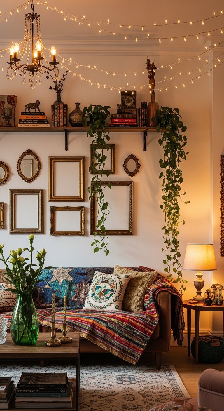 A beautifully transformed whimsical apartment living room featuring fairy lights draped across the ceiling, an eclectic gallery wall, lush trailing plants in unusual vessels, colorful layered textiles, and warm golden ambient lighting, your ultimate guide to turning a boring apartment box into a magical sanctuary