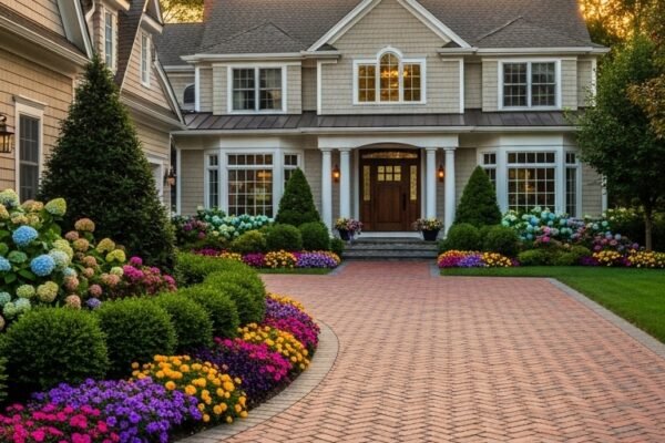 A beautifully transformed home exterior with an elegant brick paver driveway leading to a charming house flanked by lush landscaping and colorful flowering borders, showcasing 20 driveway ideas that will transform your home's curb appeal without breaking the bank