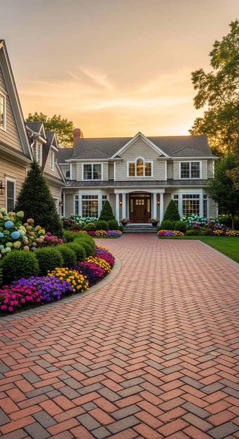 A beautifully transformed home exterior with an elegant brick paver driveway leading to a charming house flanked by lush landscaping and colorful flowering borders, showcasing 20 driveway ideas that will transform your home's curb appeal without breaking the bank