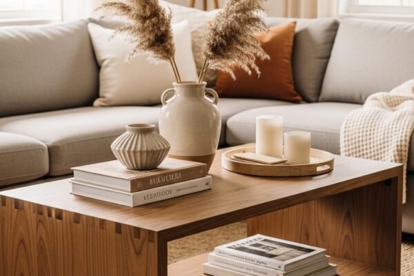 A beautifully styled 28 inch coffee table as the centerpiece of a cozy modern living room with a warm walnut finish, surrounded by a plush sectional sofa and styled with artbooks a ceramic vase and candles, your complete buying guide to the perfect 28 coffee table for your living room