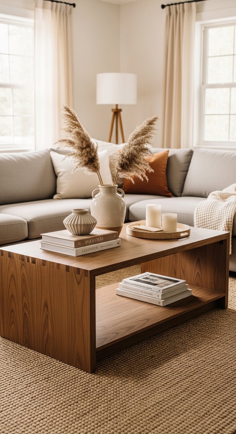 A beautifully styled 28 inch coffee table as the centerpiece of a cozy modern living room with a warm walnut finish, surrounded by a plush sectional sofa and styled with artbooks a ceramic vase and candles, your complete buying guide to the perfect 28 coffee table for your living room