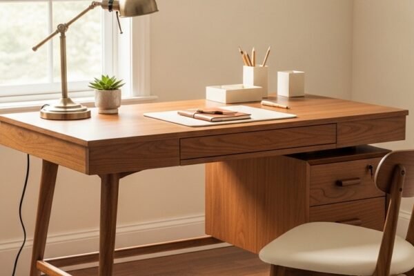 A stunning wide-angle shot of a beautifully styled mid century modern desk in a warm home office, featuring clean lines tapered walnut legs a smooth wooden surface with a single drawer unit, styled with a vintage desk lamp a small succulent a leather notebook and a minimalist desk organizer, soft warm natural window light, ultra-realistic professional interior lifestyle photography, warm walnut and cream color palette, shallow depth of field, timeless mid century modern desk aesthetic