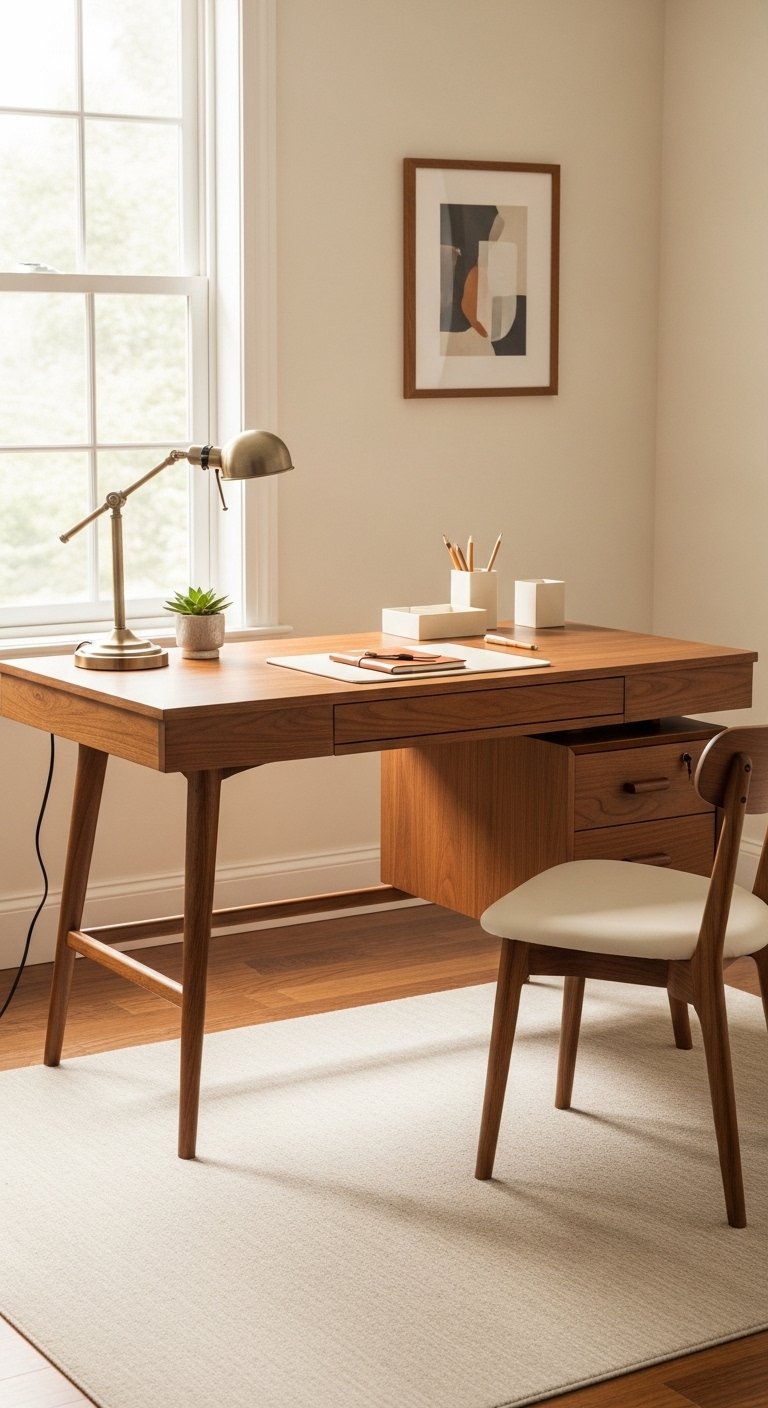 A stunning wide-angle shot of a beautifully styled mid century modern desk in a warm home office, featuring clean lines tapered walnut legs a smooth wooden surface with a single drawer unit, styled with a vintage desk lamp a small succulent a leather notebook and a minimalist desk organizer, soft warm natural window light, ultra-realistic professional interior lifestyle photography, warm walnut and cream color palette, shallow depth of field, timeless mid century modern desk aesthetic
