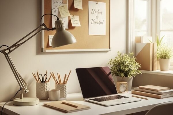 A beautifully organized study desk setup in a bright bedroom featuring a clean desk surface with an open laptop stylish desk lamp small plant organized stationery and a pinboard above, your ultimate guide to 13 study desk ideas that will transform your homework zone forever