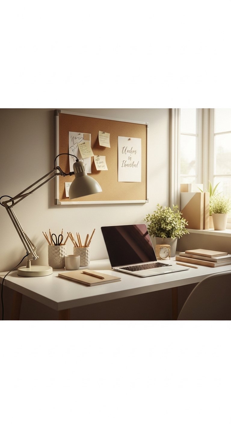 A beautifully organized study desk setup in a bright bedroom featuring a clean desk surface with an open laptop stylish desk lamp small plant organized stationery and a pinboard above, your ultimate guide to 13 study desk ideas that will transform your homework zone forever