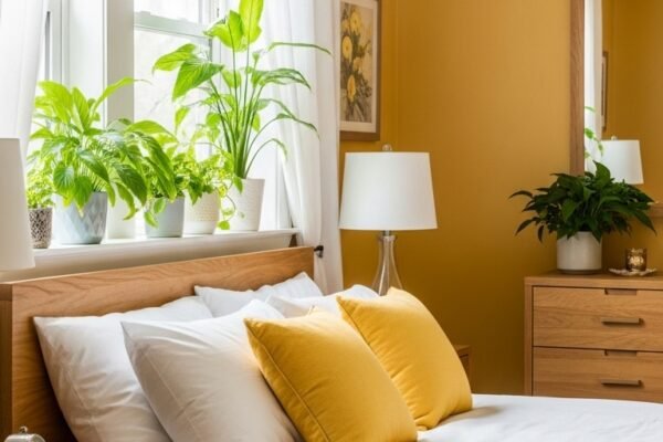 Beautifully designed yellow bedroom with warm golden yellow walls, crisp white bedding, natural wood furniture, lush green plants and soft natural daylight streaming through sheer curtains in a cozy sanctuary setting