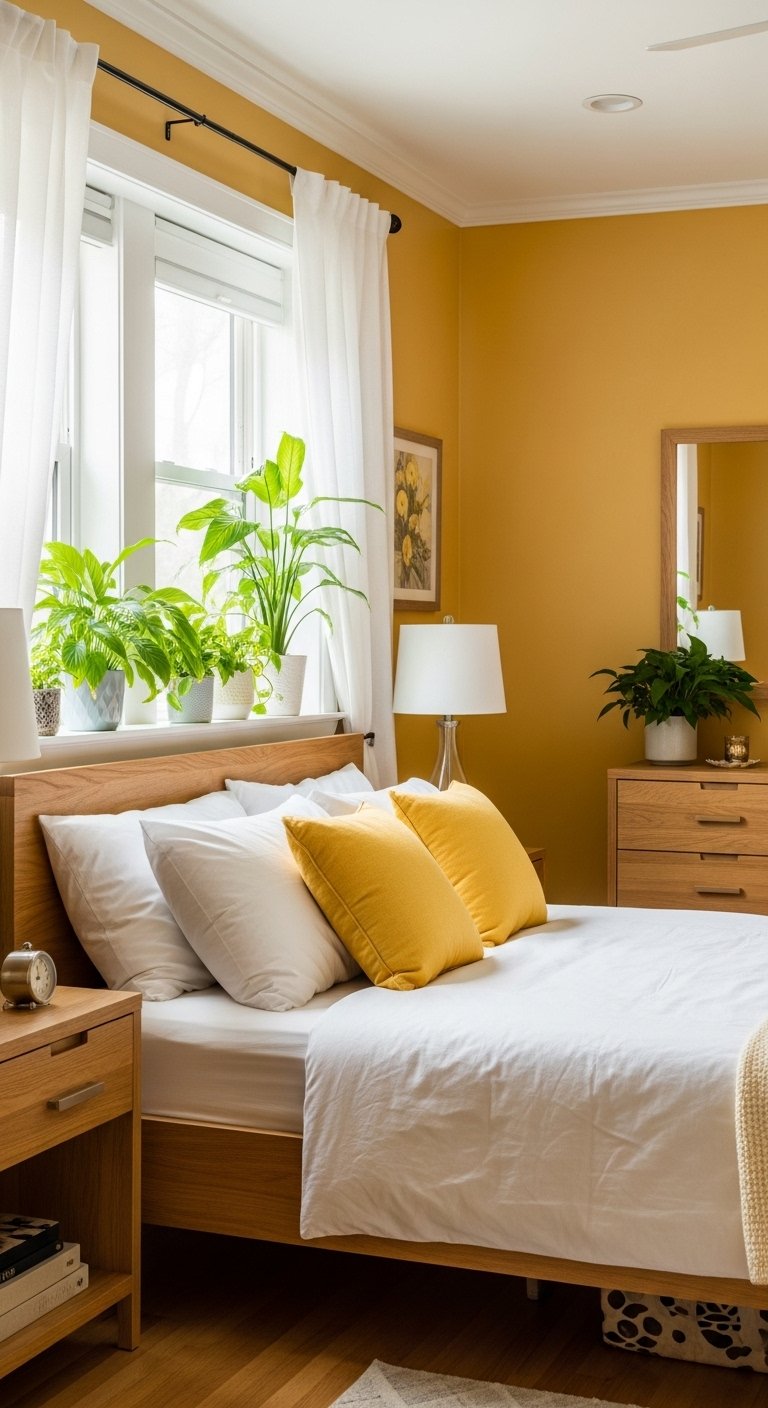 Beautifully designed yellow bedroom with warm golden yellow walls, crisp white bedding, natural wood furniture, lush green plants and soft natural daylight streaming through sheer curtains in a cozy sanctuary setting